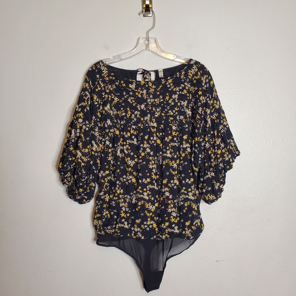 Cottagecore Free People Dark Floral Bodysuit M Black Yellow Feminine Boho Dessa